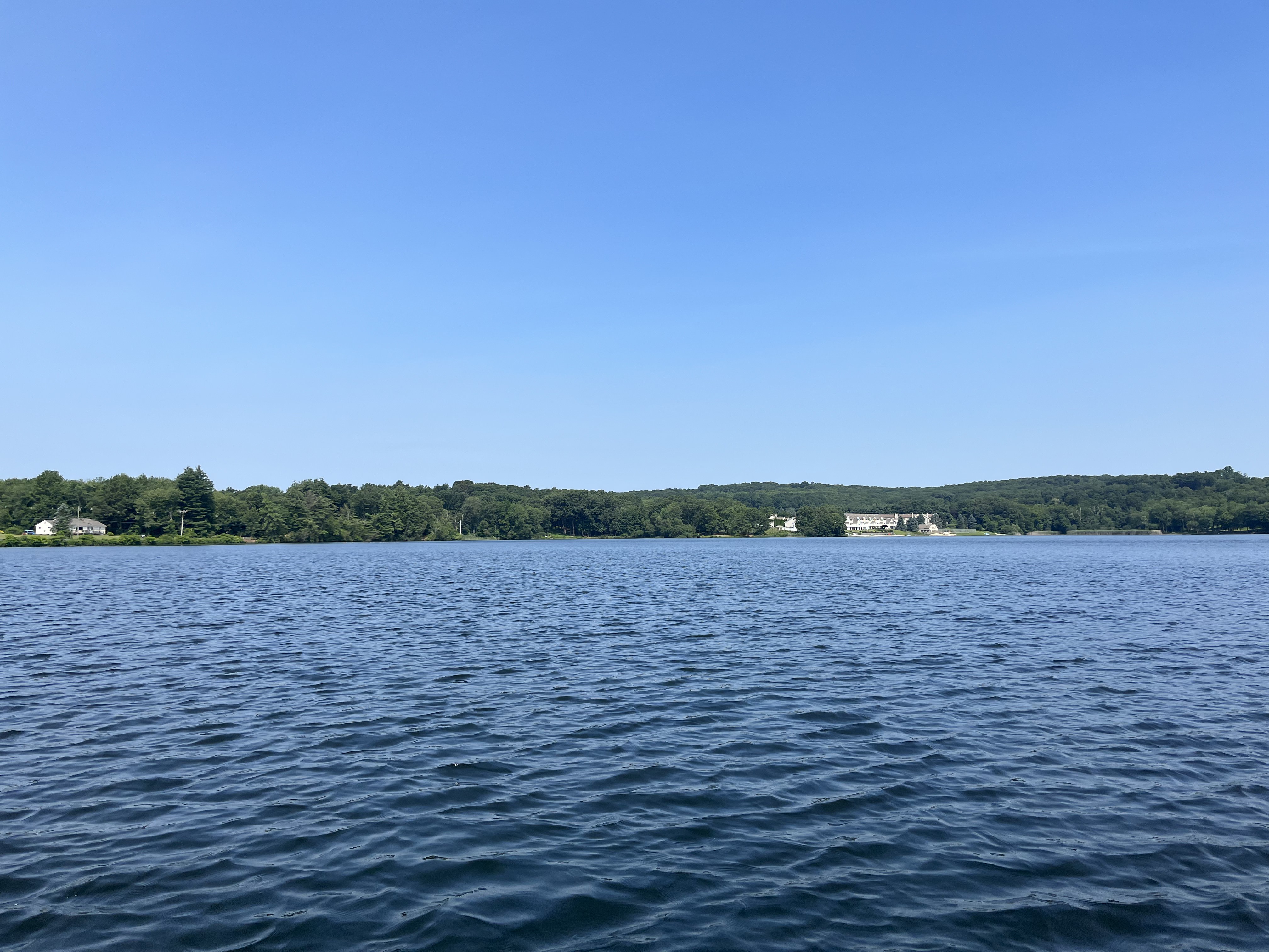 Landscape image of Chestnut Hill Reservoir. Blue sky with no clouds, green trees with hills and a few houses along the shoreline, and blue wavy water.