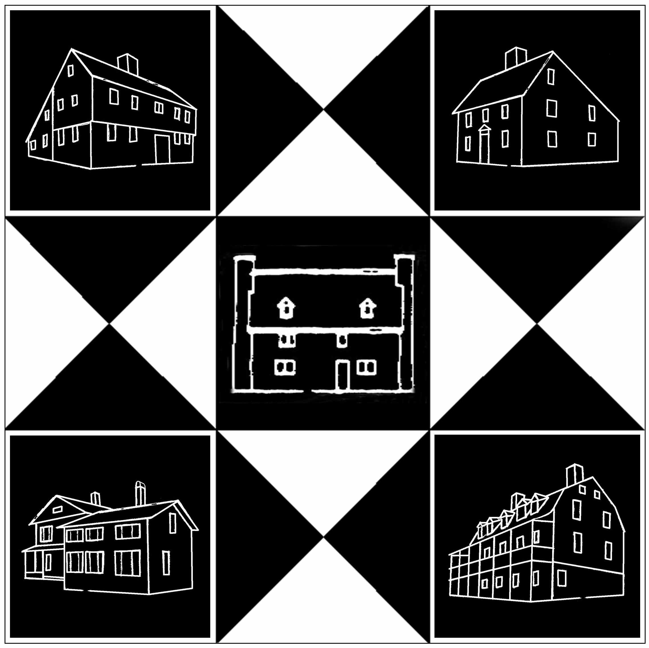 Black and white quilt design of 3-by-3 grid of squares and white line drawings of Guilford's historic houses on black backgrounds in the center and four corners