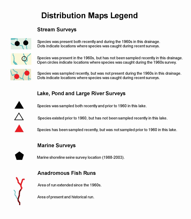 Legend for distribution maps used throughout this guide to freshwater fishes of Connecticut. 